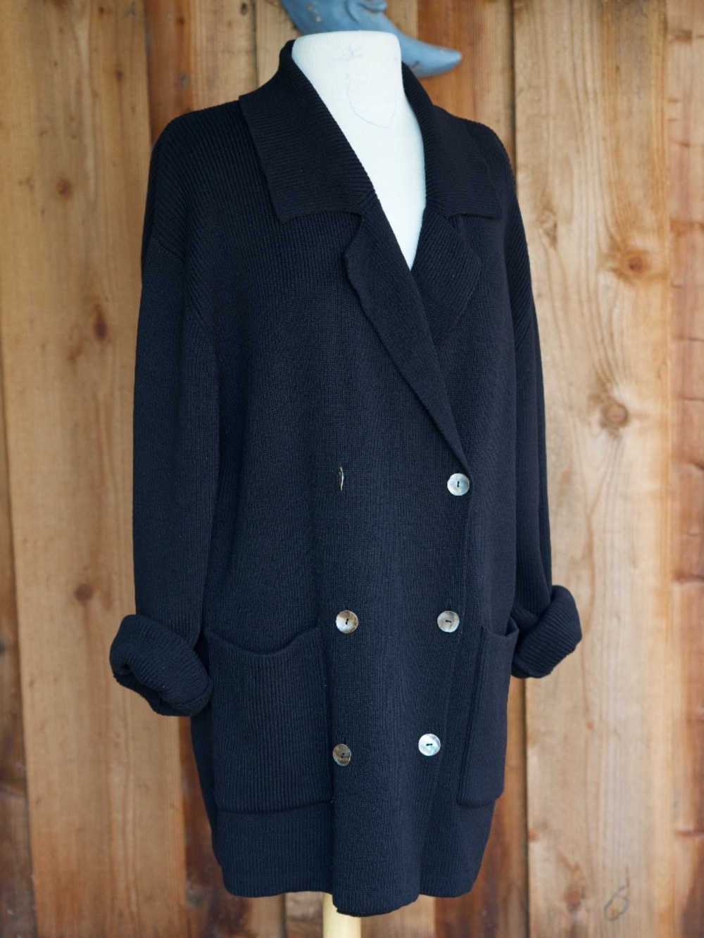 Vintage Country Road 100% Wool Black Ribbed Knit Long Cardigan Jacket Woman's M